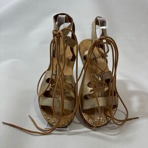 Steve Madden Rella Gold Leather Strappy Lace Up Studded Gladiator Sandals Sz 6.5